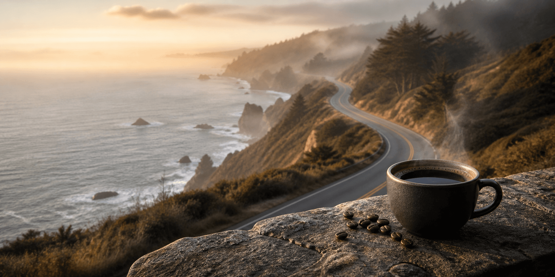 Coffee beside a winding road overlooking the California coast