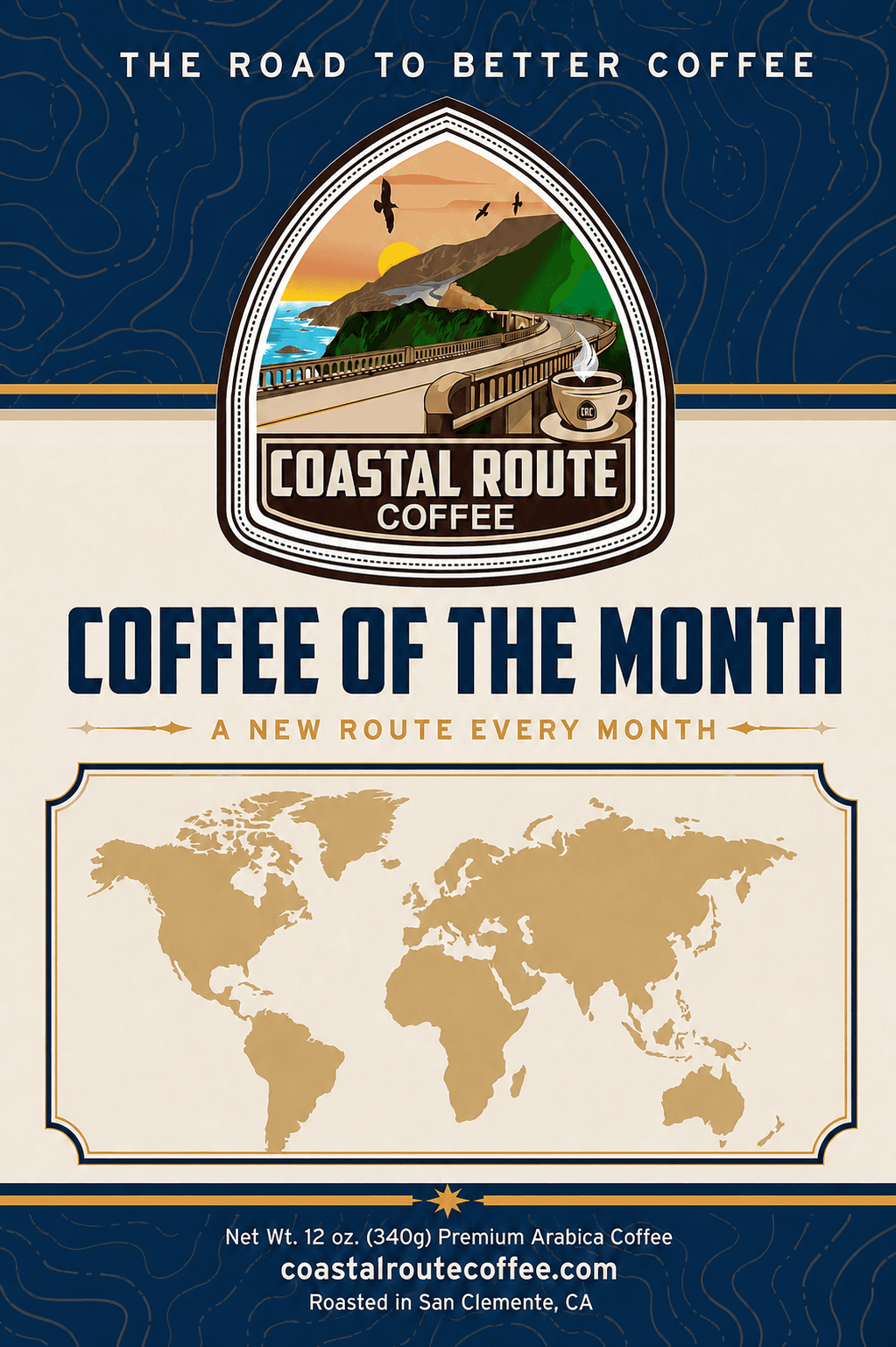 Coffee of the Month label with a gold world map